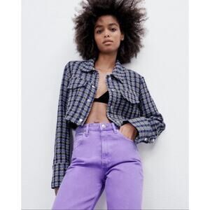 Zara Tweed Cropped Boxy Jacket Houndstooth Women's Size Large